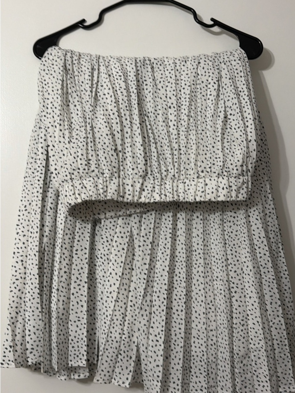 Pleated White and Black Dot Midi Skirt